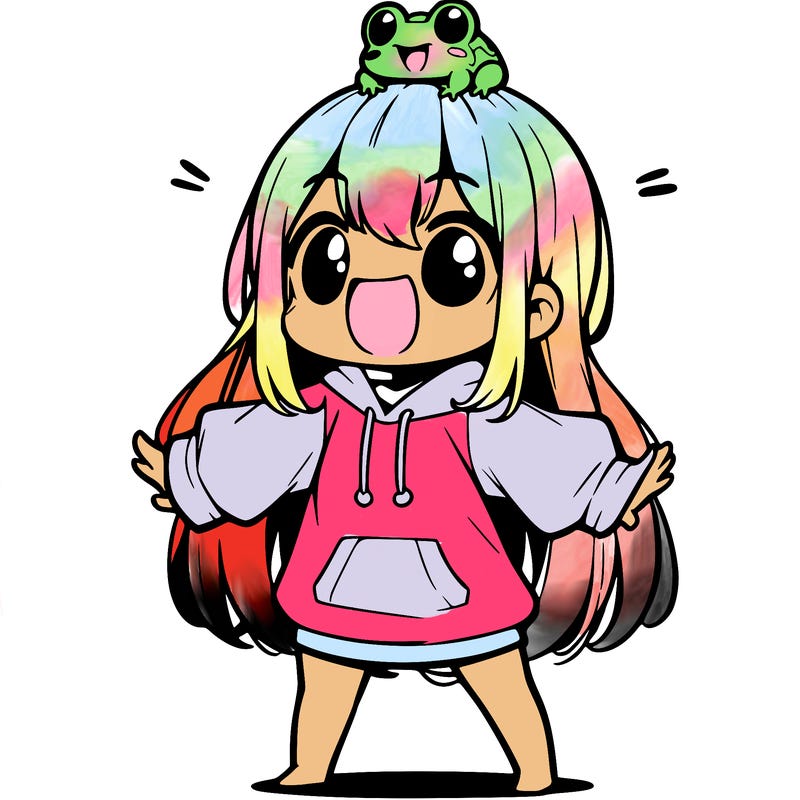 a excited chibi girl whith long hair and a baggy shirt whith a frog on there head