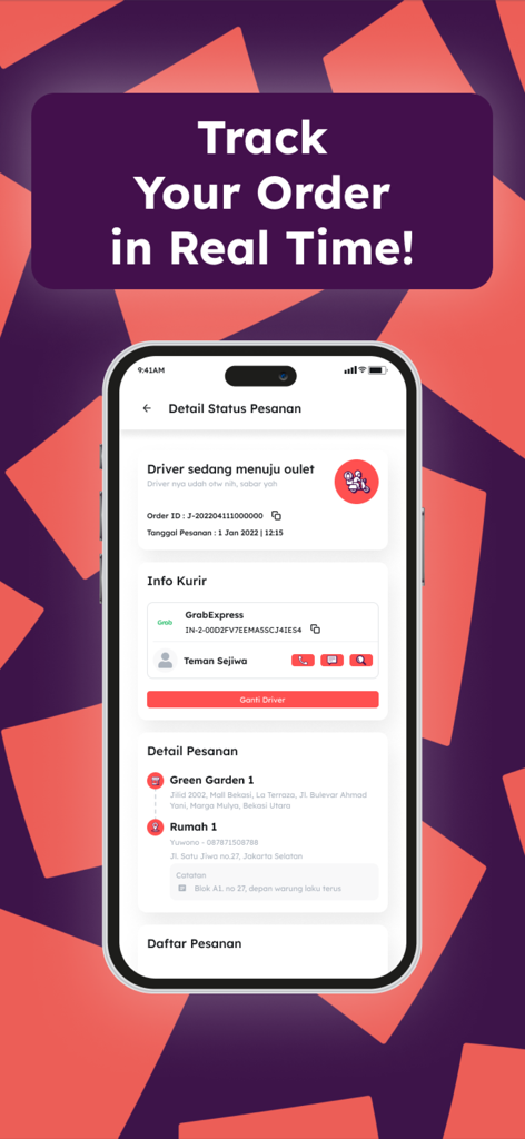 JIWA+ by Kopi Janji Jiwa - JIWA plus app real time order tracking interface showing driver status and delivery details