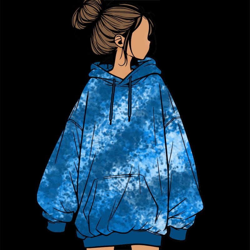 realistic girl with a oversized sweatshirt on and a bun