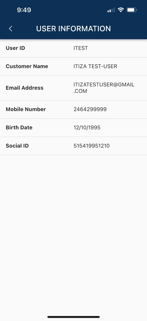 SigniaGlobe Financial Mobile - User information and profile details screen in the SigniaGlobe Financial Mobile app.