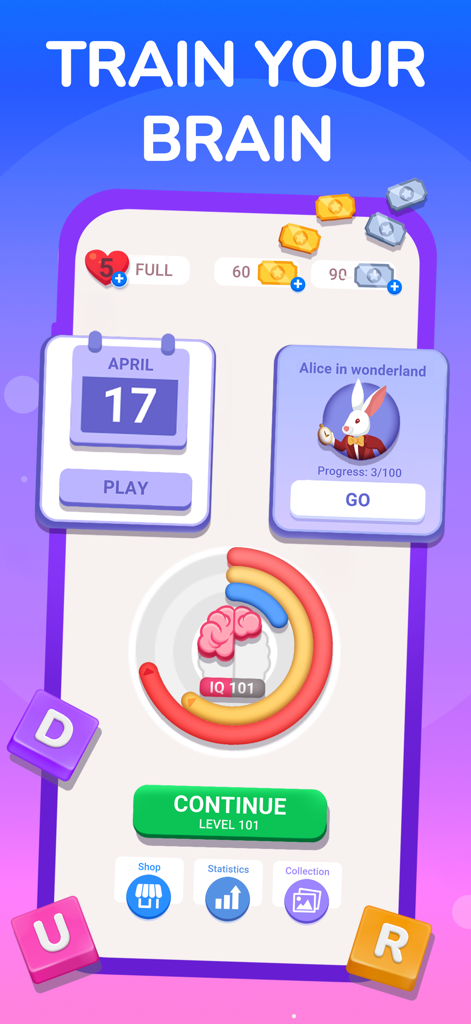 Cryptogram: Word Brain Puzzle - Menú principal de Cryptogram Word Brain Puzzle con el titular entrena tu cerebro y seguimiento del progreso del CI