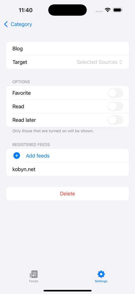 Nexly - RSSフィードカテゴリと表示オプションを管理するためのNexlyアプリ画面。