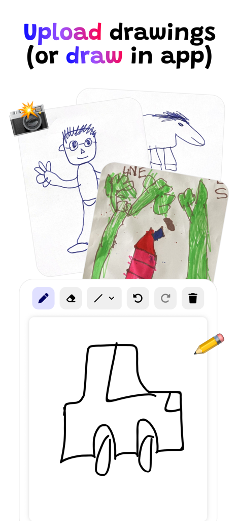 Drawings Alive AI: Sketch & 3D - Interface for uploading physical drawings or sketching directly within the Drawings Alive AI app.