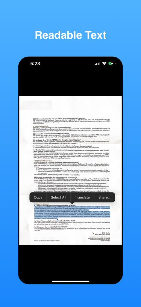 PDF Scanner - Easy Scan PDF - Ein Dokumentenscan auf einem iPhone-Bildschirm mit hervorgehobenem Text und Optionen zum Kopieren oder Übersetzen.