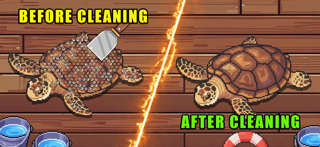 Scale the Depths - A before and after side by side comparison of a pixel art turtle being cleaned of barnacles using a scraper tool
