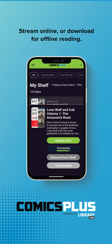 Comics Plus app screen displaying the option to download Lone Wolf and Cub manga for offline reading