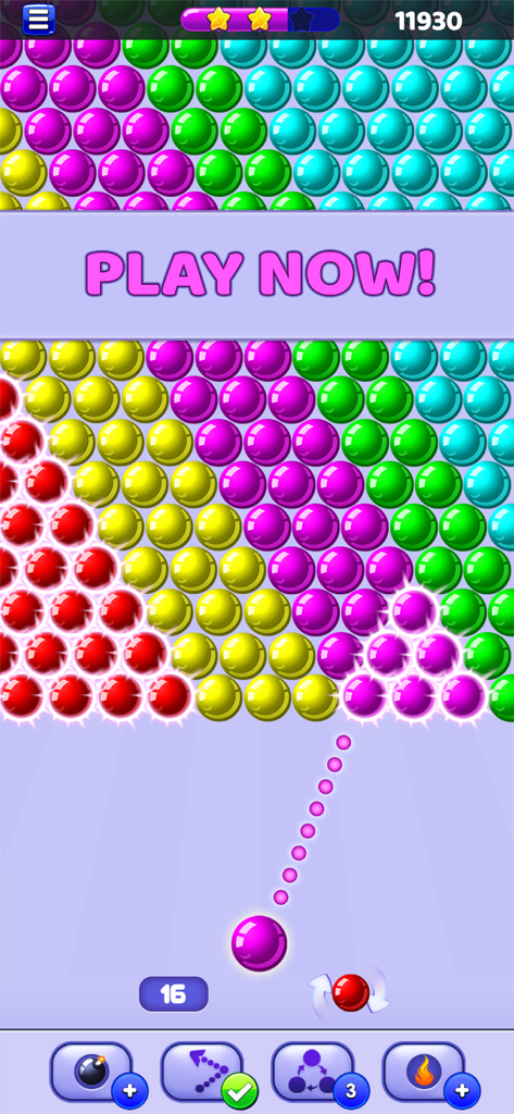 Bubble Shooter: Pop & Blast - Farbenfroher Bubble-Shooter-Rätselspielbildschirm mit Laserziel und 'Play Now'-Text.