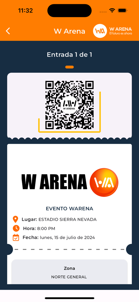 W Arena - Digital event ticket with a QR code in the W Arena app for Estadio Sierra Nevada
