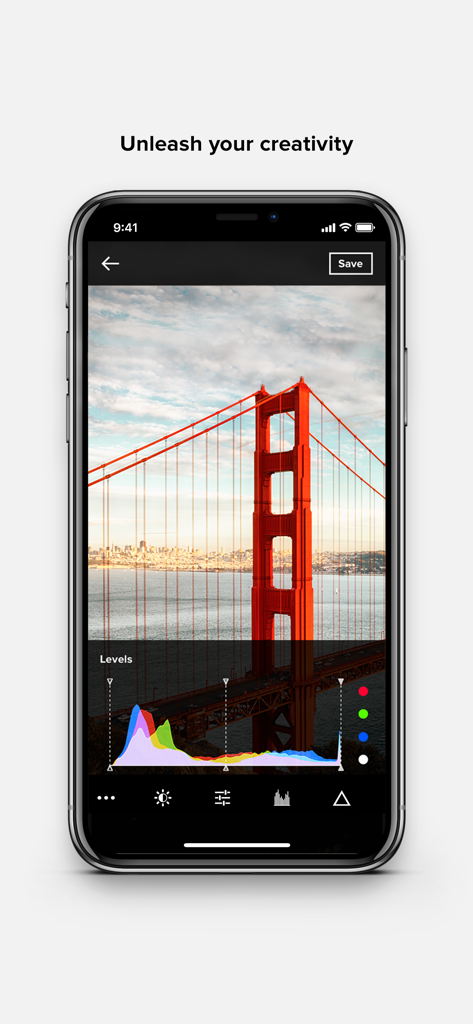 Flickr - Flickr app mobile interface showing professional photo editing tools with a levels histogram over a photo of the Golden Gate Bridge