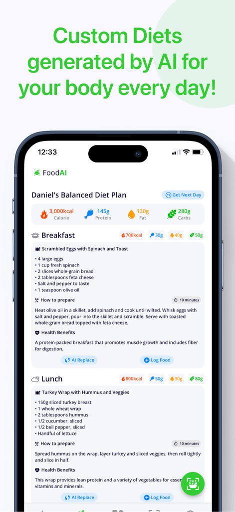 Calorie Tracker・Diet: Food AI - Un plan de repas personnalisé généré par IA affichant des recettes de petit-déjeuner et de déjeuner avec des listes d'ingrédients et une répartition nutritionnelle.