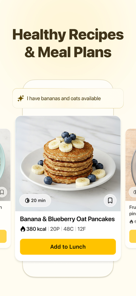 Interface de l'application Fitia montrant une recette saine de crêpes d'avoine à la banane et aux myrtilles avec suivi des calories et des macronutriments
