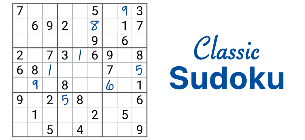 Cuadrícula de Sudoku clásico con números en negro y azul al lado del texto Sudoku Clásico
