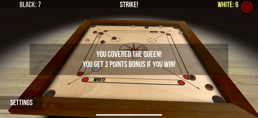 A realistic 3D carrom board gameplay screen showing a bonus message for covering the queen