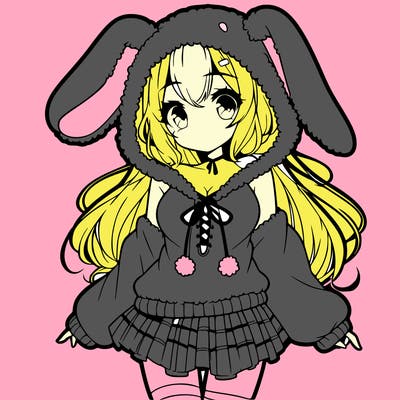 pretty anime girl wearing a fluffy hoodie with bunny ears on the hood and a skirt