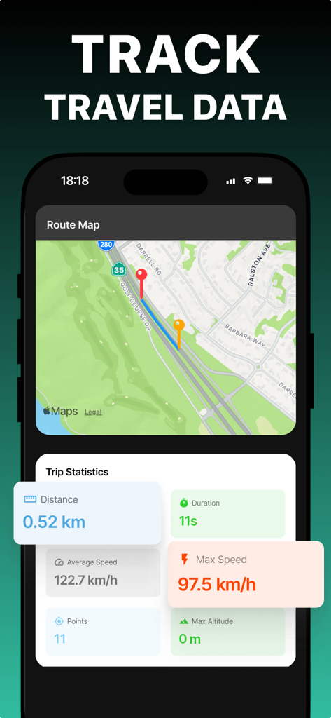 Interfaz de la aplicación Velocímetro GPS que muestra un mapa de ruta y estadísticas del viaje, incluyendo distancia y velocidad.