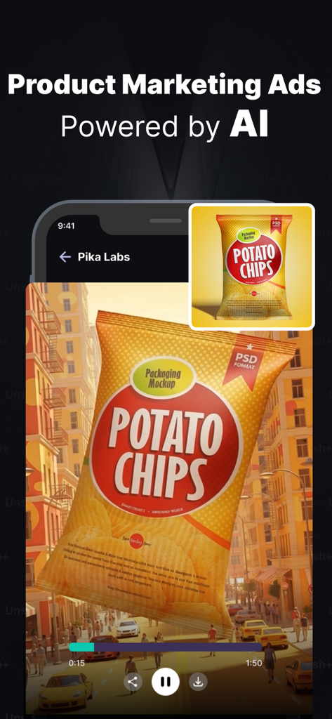 Pika Labs: AI Trend Effects - 거리 풍경 속 감자칩 광고를 위한 AI 기반 제품 마케팅 광고를 보여주는 Pika Labs 앱 인터페이스
