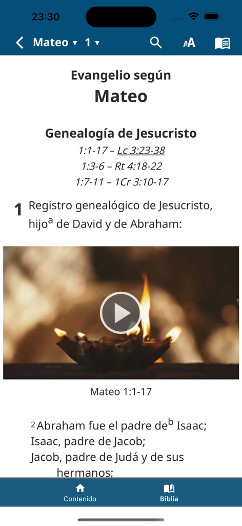 NVI Biblia de Estudio - Interfaz de la aplicación NVI Biblia de Estudio mostrando el primer capítulo del Evangelio de Mateo