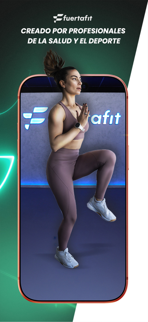 A woman performing fitness exercises on the Fuertafit app with text stating it is created by health and sports professionals