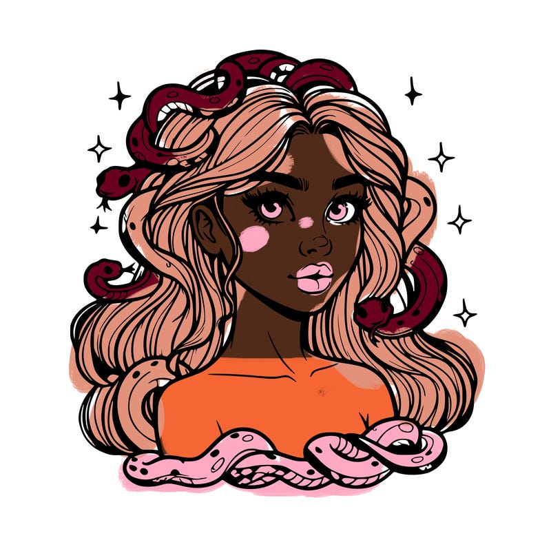 realistic girl with snakes as hair