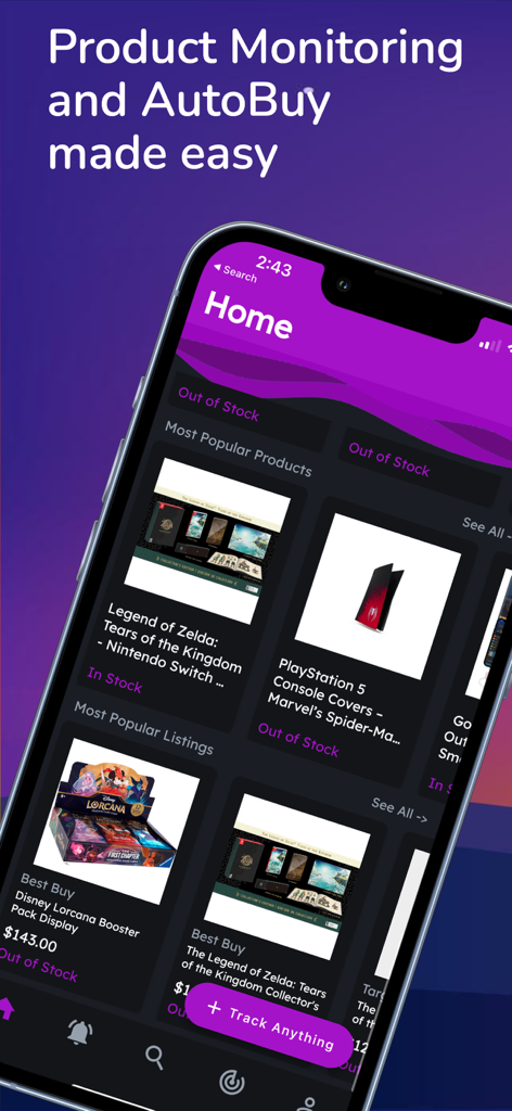 Inventory Bot - 在庫ボットのモバイルアプリのホーム画面。人気の電化製品やコレクティブルのリアルタイム在庫監視を表示しています。