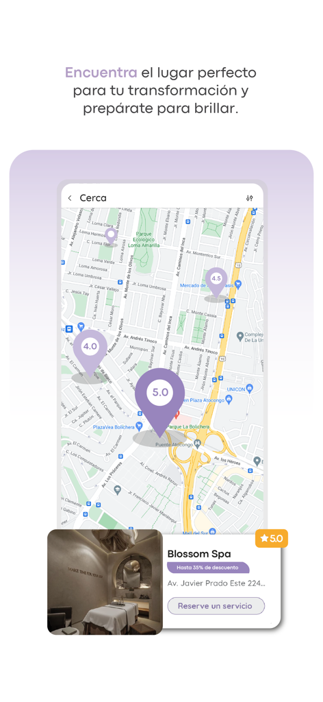 Buki Beautyplanner - Map view in Buki Beautyplanner app showing nearby spas and salons with user ratings and a booking card for Blossom Spa.