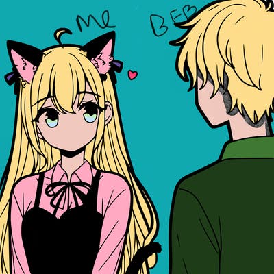 a girl with long hair, cat ears and tail looking at a guy with short hair
