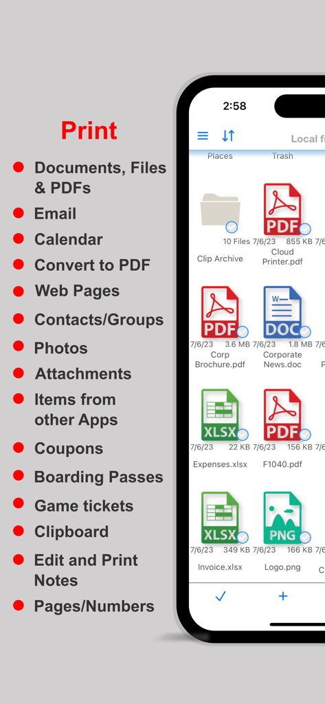 Interface do aplicativo Print n Share mostrando opções de impressão e recursos de gerenciamento de arquivos móveis