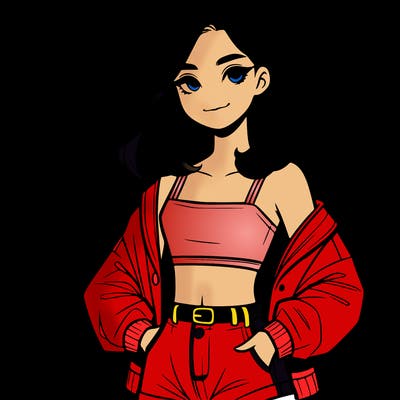 a realistic girl with a crop top and short shorts in an open jacket