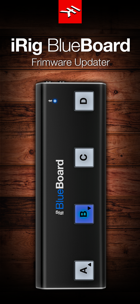 Interfaz de la aplicación Actualizador iRig BlueBoard mostrando la pedalera MIDI inalámbrica sobre un fondo de madera