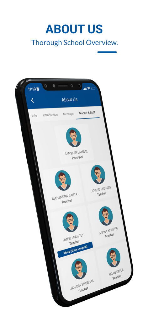 Écran mobile de l'application Bright App montrant la liste des enseignants et du personnel avec les noms et les rôles.