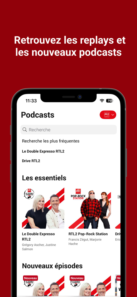 RTL2 - Le Son Pop-Rock - RTL2 app interface showing the podcasts and replays section