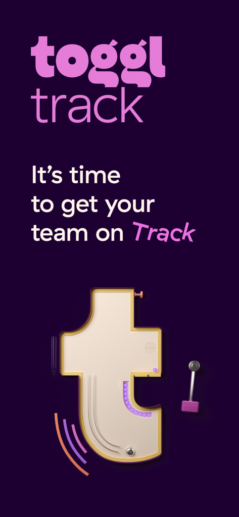 Toggl Track app splash screen featuring the logo and slogan It is time to get your team on Track