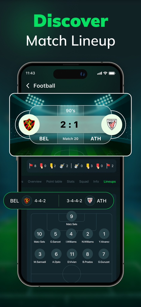 Live Football TV: Soccer Score - Pantalla de aplicación móvil que muestra una alineación de partido de fútbol con formaciones tácticas de jugadores y marcadores en vivo