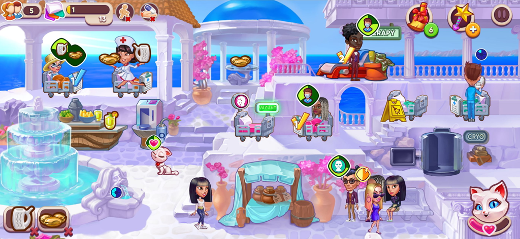 Enfermeira atendendo pacientes em uma clínica de luxo à beira-mar na jogabilidade de Doctor Dash 2