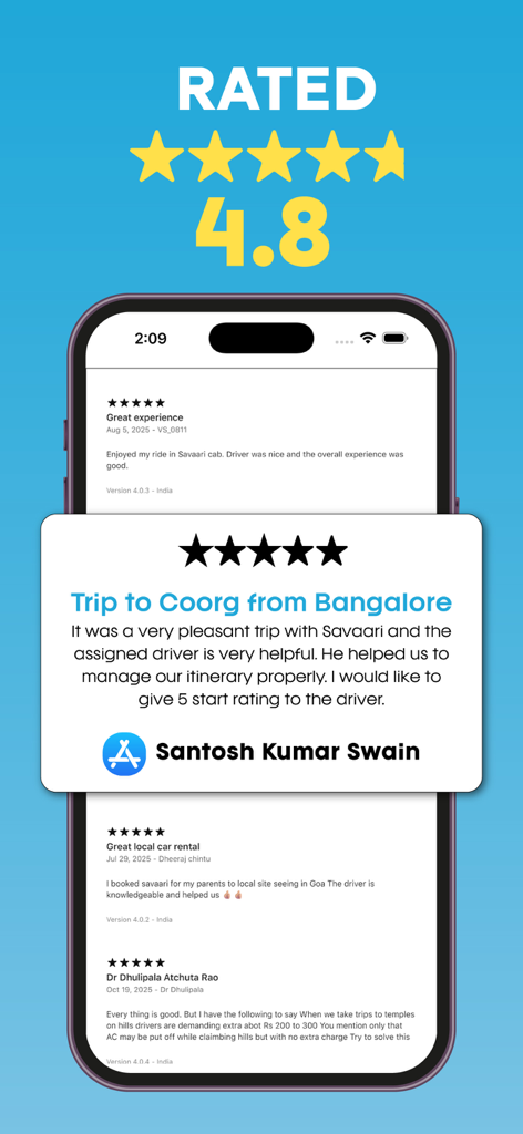 Savaari app interface showing a 4.8 star rating and customer reviews for outstation car rentals in India