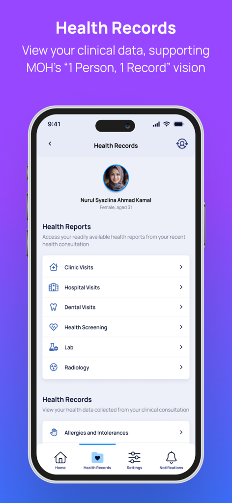 Interface of MySejahtera app displaying a user profile and various clinical data categories like clinic visits and health screenings