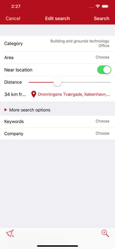 Jobindex: Søg job og arbejde - Edit search screen with location and category filters in Jobindex app