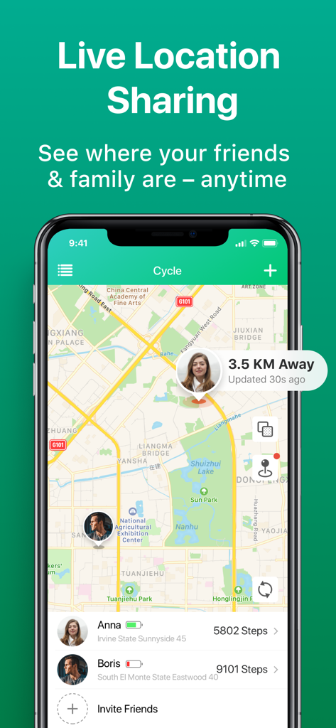A smartphone showing the live location sharing feature of the Find My Friends app with family members on a map and their daily step counts.