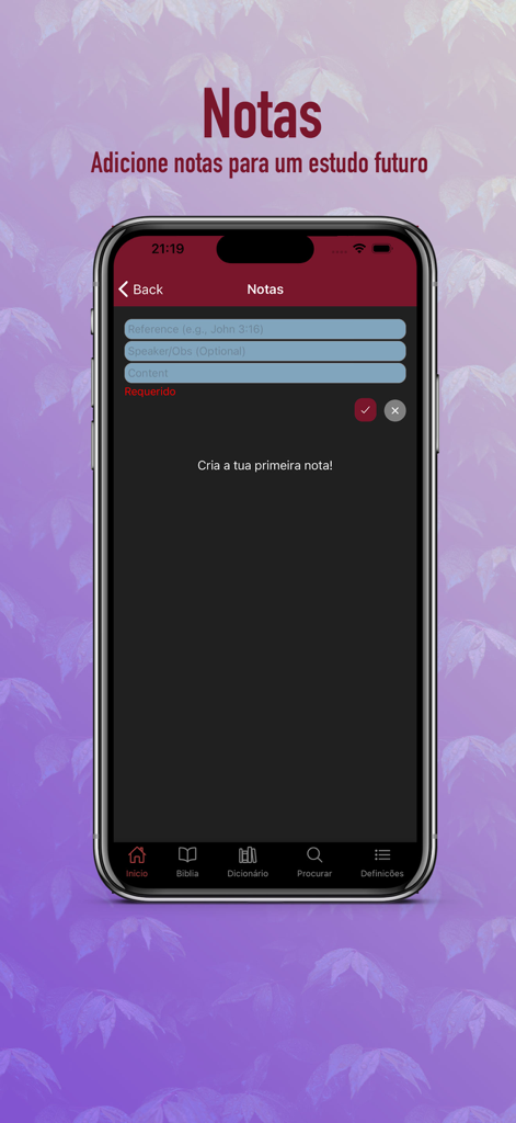 Notes screen in the Portuguese Bible app for recording study insights and verse references