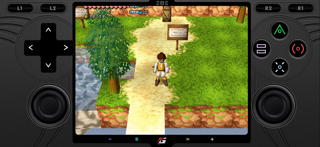 Gamma - PS 1 Game Emulator - Gamma PS1 emulator showing a 3D adventure game in landscape mode with a custom virtual controller skin