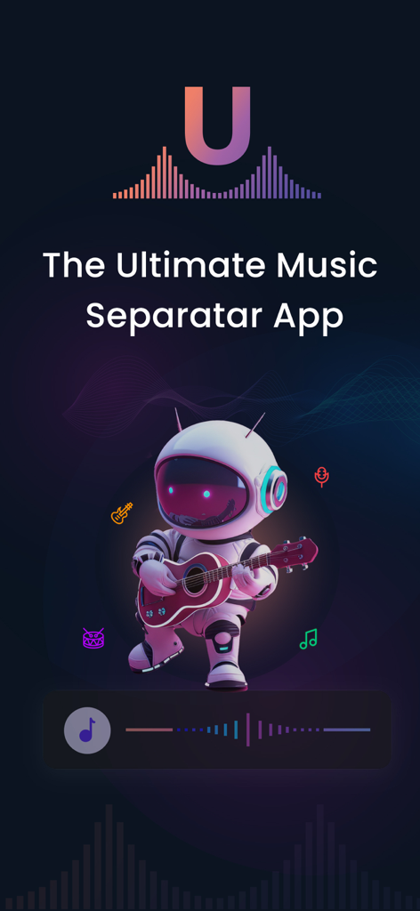 unMix - AI Vocal Remover - Pantalla de la aplicación separadora de música y removedora de voces con IA unMix, mostrando un astronauta tocando la guitarra.