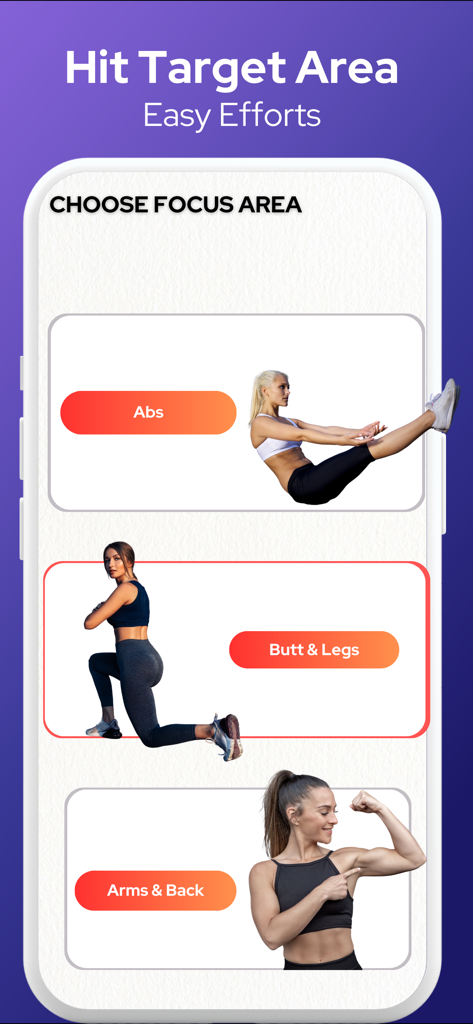 Pilates Workout at Home - Mobile app screen showing workout focus area options for abs butt and legs and arms and back