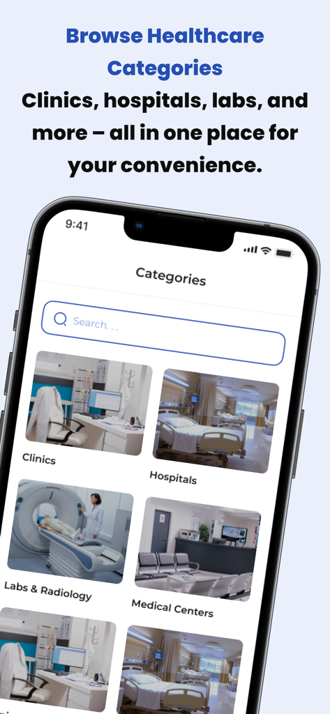 Takaful Al Arabia app interface showing healthcare categories including clinics hospitals and labs