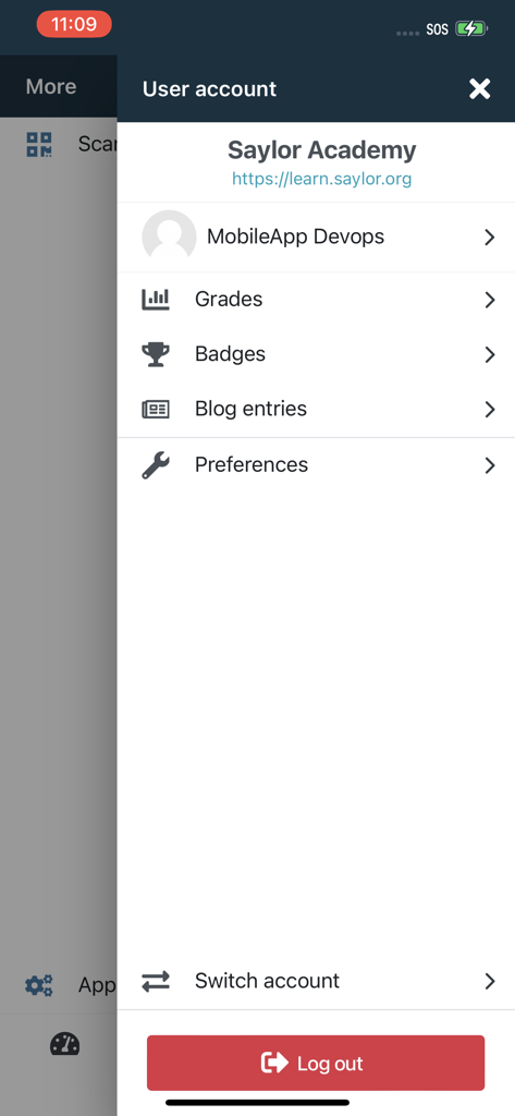 Saylor Academy - User account menu in Saylor Academy app displaying grades badges and settings