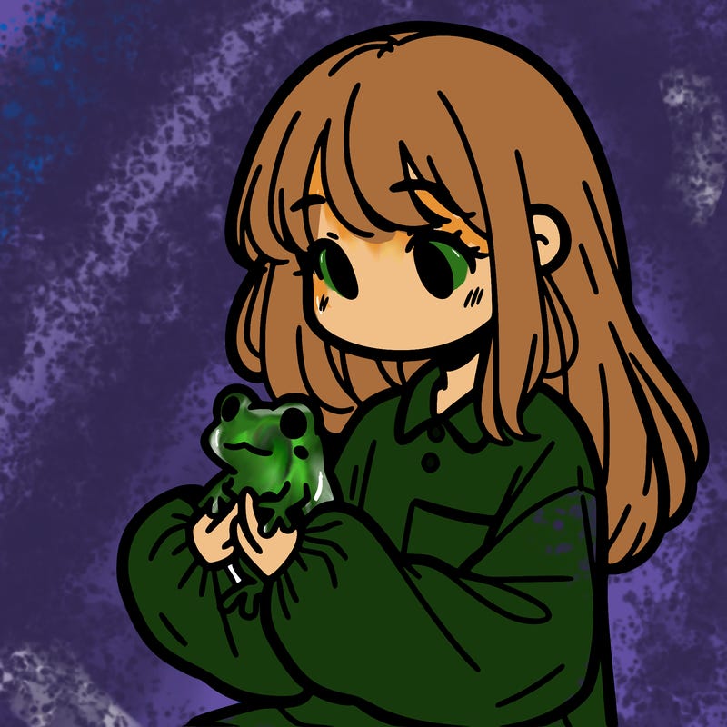 girl with long hair and a oversized shirt. and she is holding a frog