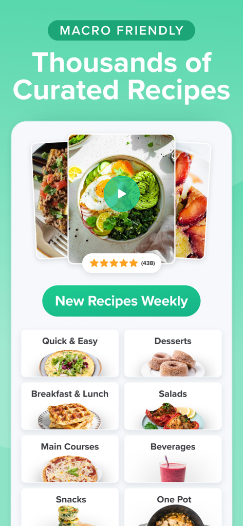 Carb Manager app screen showing thousands of curated macro friendly keto recipes with categories like desserts and main courses