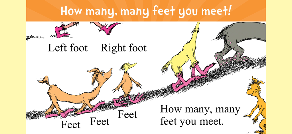 Interactive page from Dr. Seuss The Foot Book app featuring various feet and rhyming text