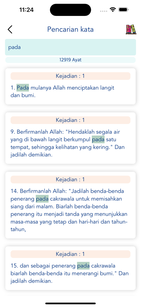 Alkitab Audio - A search result screen in the Alkitab Audio app showing Bible verses from Genesis in Indonesian