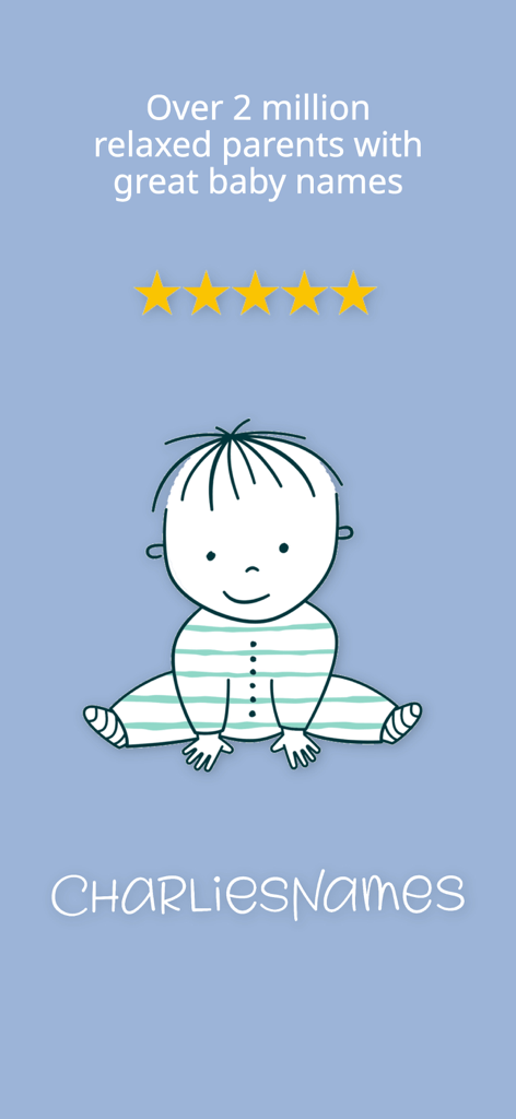 CharliesNames - Welcome screen of the CharliesNames app featuring a cartoon baby five stars and a mention of 2 million users