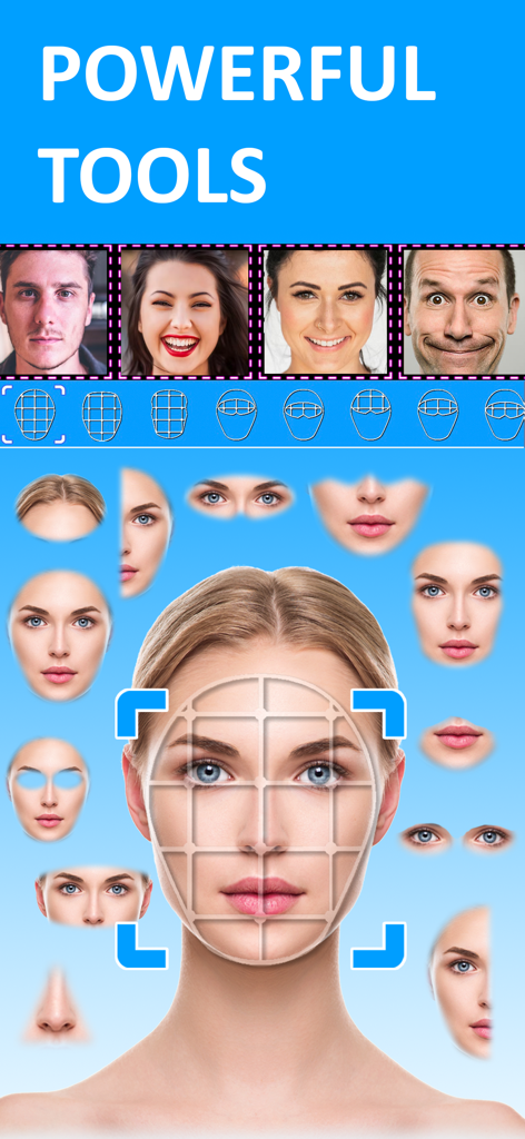 Copy Replace Photo Face Swap - Demonstração da grade de mapeamento facial e ferramentas de sobreposição para trocar partes do rosto